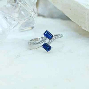 925 Sterling Silver Lab Created Blue sapphire wedding Engagement ring Emerald - Picture 1 of 3