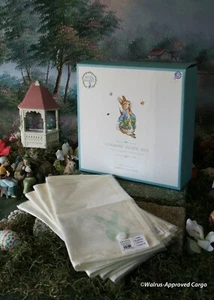 POTTERY BARN KIDS BEATRIX POTTER SALAD PLATES (4) & AQUA BUNNY NAPKINS (4) -NWT - Picture 1 of 12