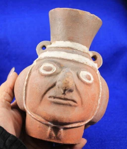 Portrait Head Effigy Bottle Authentic Prehistoric Pottery Peru Native Indian - Picture 1 of 9