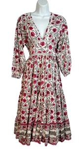 Mo Maya Honeydew Flare Midikleid Granatapfel Blockdruck Rosa Weiß M/L - Bild 1 von 11