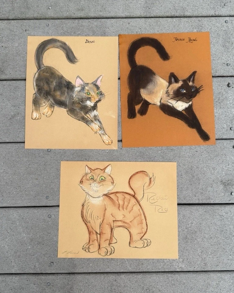 "Juego de 3 dibujos a tinta pastel con marco de gato siamés atigrado MCM de colección firmados 8""x 20""" Foto 1 de 4