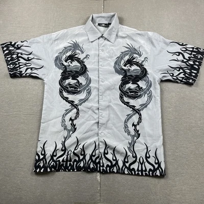 City Impact Shirt Mens Medium Gray Dragon Flames Fire Graphic Button Up Y2K - Image 1 of 4