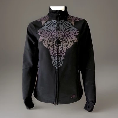 Chaqueta pequeña forrada de vellón Harley Davidson para mujer negra con cremallera diseño multicolor Foto 1 de 4