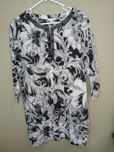 Talbots Small Medium Black White Paisley Swim Cover Up Dress Beaded Neckline - Picture 1 of 10