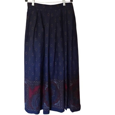 Vintage Talbots Paisley Geometric 100% Wool Navy/Burgundy Midi A-Line Skirt 10 - Image 1 of 4
