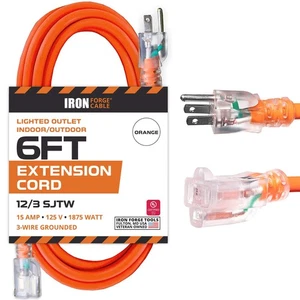 Cable de extensión exterior iluminado de 6 pies - Cable naranja de alta resistencia 12/3 - 3 clavijas - Imagen 1 de 7