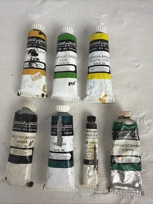 Pintura al óleo vintage de pigmentos permanentes para artistas 7 tubos verde marrón amarillo Foto 1 de 4