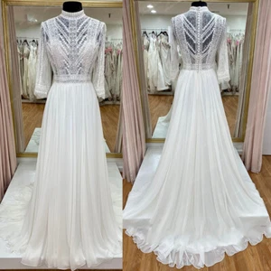 Chiffon Wedding Dresses Long Sleeves High Neck A-Line Lace Applique Bridal Gowns - Picture 1 of 14