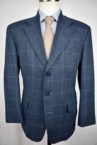 Stafford Medium Blue Windowpane Check Wool Three Button Sport Coat Size: 40S - Picture 1 of 11