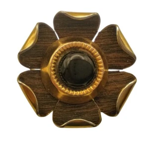 Vintage Gold-tone Brown Wood-Look Flower Brooch Black Center Stone Vintage 60s - Picture 1 of 4