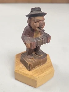 Vintage Hand Carved Wood Musician Figurine Man with Cigar and  Accordion - Picture 1 of 5