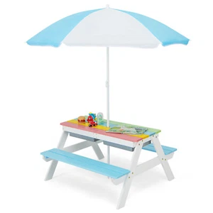 3-in-1 Kids Picnic Table Set w/ Removable & Height Adjustable Umbrella - Picture 1 of 8