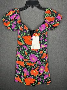 ZARA Floral Off Shoulder Ruched Mini Dress Small Purple Black Puff Sleeve NWT - Picture 1 of 9
