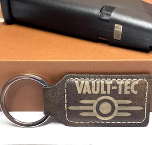 Vault-Tec Keychain - PU Leather Brown and Black Laser Engraved Fallout Key Chain - Picture 1 of 4