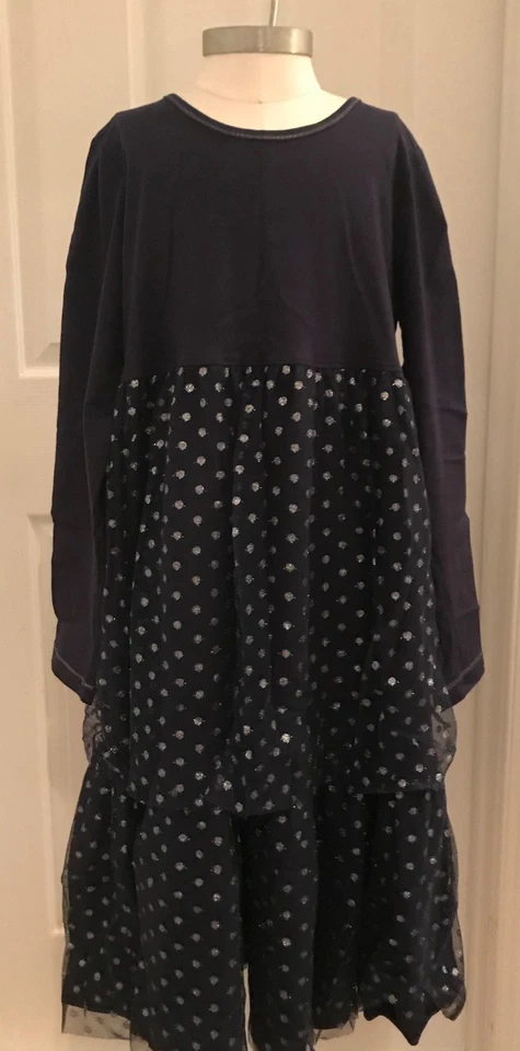 Hanna Andersson Vestido giratorio con lunares plateados Talla 140 (US 10) Azul marino Foto 1 de 4