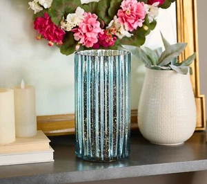 12" Oversized Illuminated Fluted Mercury Glass Hurricane byValerie Chambray Blue - Picture 1 of 2