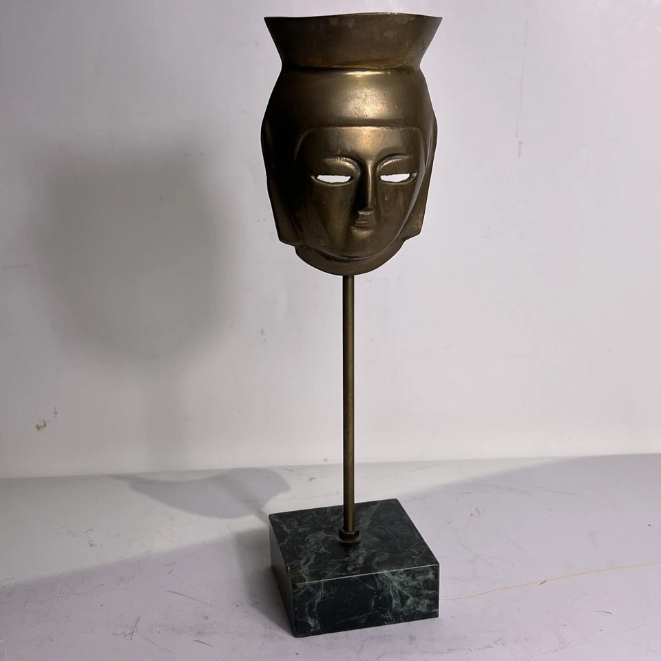 Máscara facial vintage asiática masculina cabeça de bronze com base de mármore 12” de altura - Imagem 1 de 4