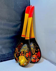 Vintage Khokhloma Wooden Spoons 8” Folk Art Hand Painted In Russia USSR Lot of 3 - Picture 1 of 7