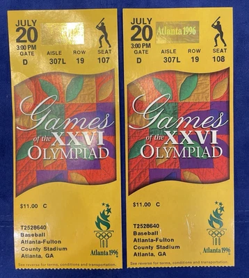 1996 Atlanta Summer Olympics Ticket Stubs 7/20/96 Men's Baseball Set of 2 - Image 1 of 2