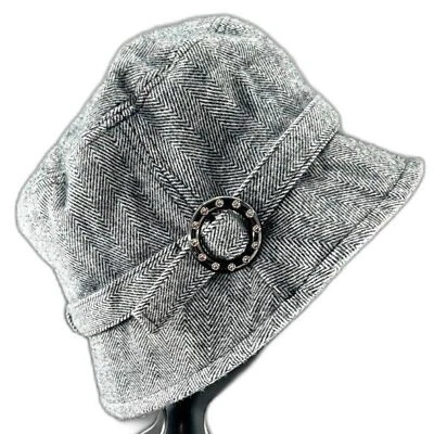 D&Y Tweed Bucket Hat Blk/Wht, Round Rhinestone Buckle, One SZ, Acrylic Fabric - Image 1 of 4