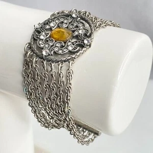 Pewter Bracelet Multi Chain Spiral Cable Strands Central Yellow Rhinestone Plate - Picture 1 of 12