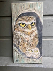 Kleine Eule mit Eulen Gemälde, Vogel Baum Wald Kunst, Original Öl von Gretchen - Bild 1 von 5