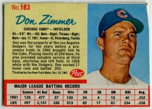 1962 Post Cereal #183 Don Zimmer Chicago Cubs - Picture 1 of 2