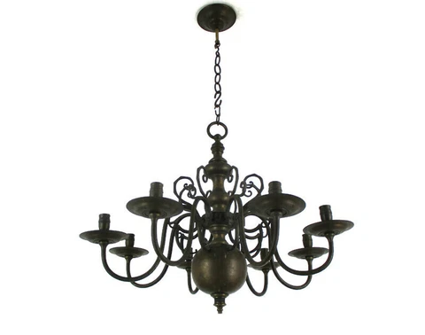 Antique Flemish Dutch Double Chandelier 8 Arms Lights Bronze 19th Century Candle Cover