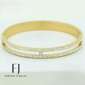 Women 6.5" Stainless Steel,CZ Eternity 8mm Bangle Bracelet,Gold plated*Box - Picture 1 of 3