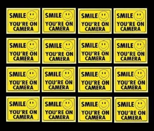 WATERPROOF SECURITY STICKERS FOR HOME ALARM SMILE YOU ARE ON VIDEO CAMERA IN USE - Picture 1 of 3