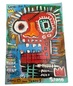 JEAN MICHEL BASQUIAT-POSTCARD PAINTING ON CARDBOARD-SIGNED - Picture 1 of 2