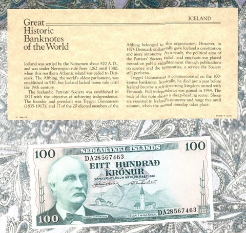 Great Historic Banknotes Iceland 1961 100 Kronur P-44 UNC sign. 43 Cover