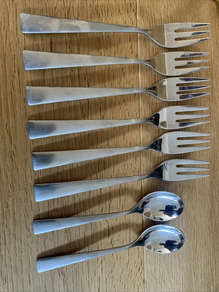 Auerhahn Conturo Edelstahl Besteck Teilmattiert 6 Kuchengabeln 2 Kaffeelöffel  - Bild 1 von 4