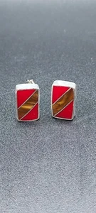 925 Mexiko Sterling Tigerauge und roter Stein 0,75" rechteckige Ohrstecker - Bild 1 von 3