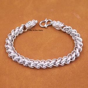 Pure S999 Fine Silver 999 Chain Curb Link Dragon Head Bracelet 27-28g 8.26inch - Picture 1 of 6