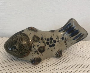 Tonala Mexican Pottery Hand-Painted Terra Cotta Fish Blue Gray Brown Signed - Picture 1 of 6