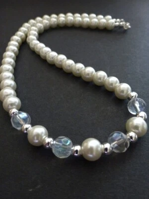 Pretty 8mm Cream Glass Pearl & Crystal Necklace & Earrings, Pierced or Clip on - Image 1 of 4
