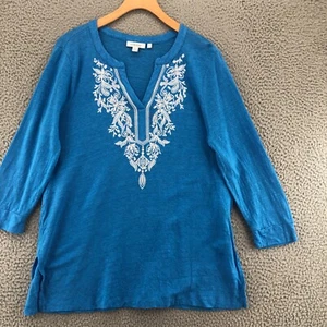 Chicos Top Womens 2 US Large Blue Linen Embroidered Sequin 3/4 Sleeve Tunic Boho - Picture 1 of 11