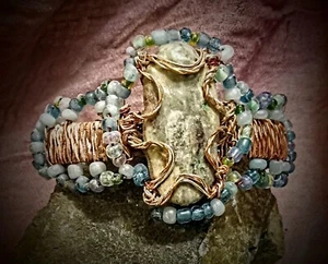 Silver Plated Copper Wire Wrap Chrysocolla Cabishon Cuff Bracelet Handmade Gift - Picture 1 of 3