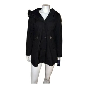 French Connection Women's Faux-Fur-Trim Hooded Raincoat Black Medium NWT - Picture 1 of 8