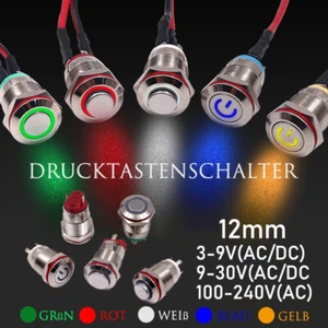 Metal Druckschalter 12mm Tastend Rastend LED Beleuchtung Drucktaster Wasserdicht - Picture 1 of 31