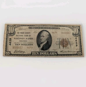 1929 $10 National Bank Note Wood County NB Wisconsin Rapids WI Series 1929 - Picture 1 of 2