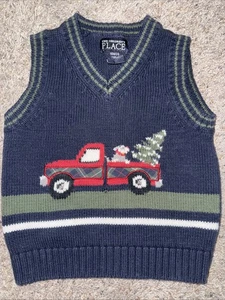 Chaleco Suéter Vintage The Children’s Place Navidad Cachorro/Camión Azul Marino 18 Meses - Imagen 1 de 4