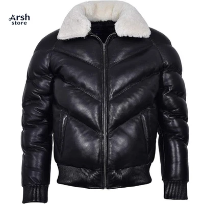 Men’s Real Leather Puffer Bomber Jacket White Fur Collar Warm Winter Coat Ace - Image 1 of 4