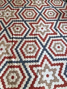 Antique Red White Blue Flower Garden Star Finely Quilted Pieced Quilt 72" by 94" - Picture 1 of 17