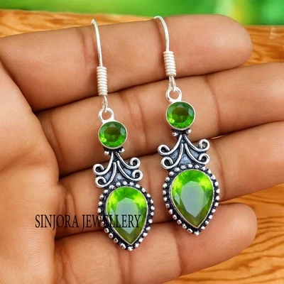 Peridot Gemstone 925 sterling silver Handmade Dangle Drop Earrings 2" - Image 1 of 4