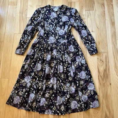 Vestido de lã vintage Laura Ashley floral Cottagecore algodão EUA 12 - Imagem 1 de 4