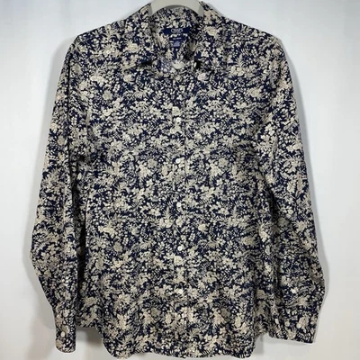 Blusa Chaps, Grande, Mujer Floral Azul Marino Beige Sin Plancha 100% Algodón Abotonada Foto 1 de 4