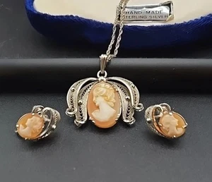 Vintage Sterling Silver Cameo Necklace And Earring Set By Dixelle W/Box - Bild 1 von 10