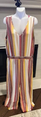 $231 Mono Anthropologie DREW a Rayas Mezcla de Lino Grande Rojo Naranja Amarillo Foto 1 de 4